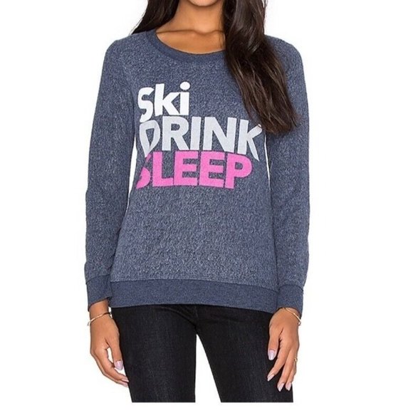 Ski‎ Drink Sleep Chaser Womens Pullover Sweatshirt Blue Heathered Crew Neck XS - Picture 1 of 11